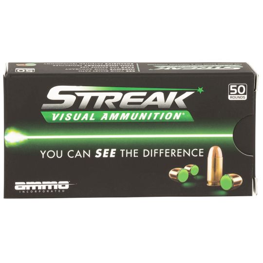 Ammo Inc, STREAK Visual Ammo, 9MM, 115 Grain, FMJ, 50 Round Box - GREEN