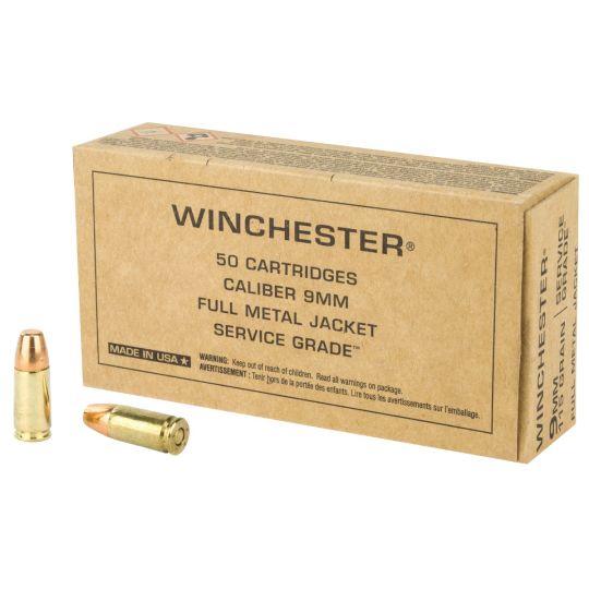 Winchester Ammunition, Service grade, 9mm, 115gr, Full Metal Jacket, 50 round box