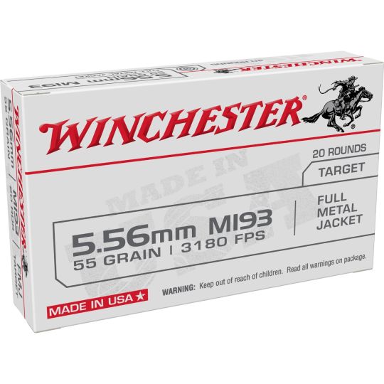 Winchester Ammunition, USA White Box, M193, 5.56x45 NATO, 55gr, FMJ, 20rd Box
